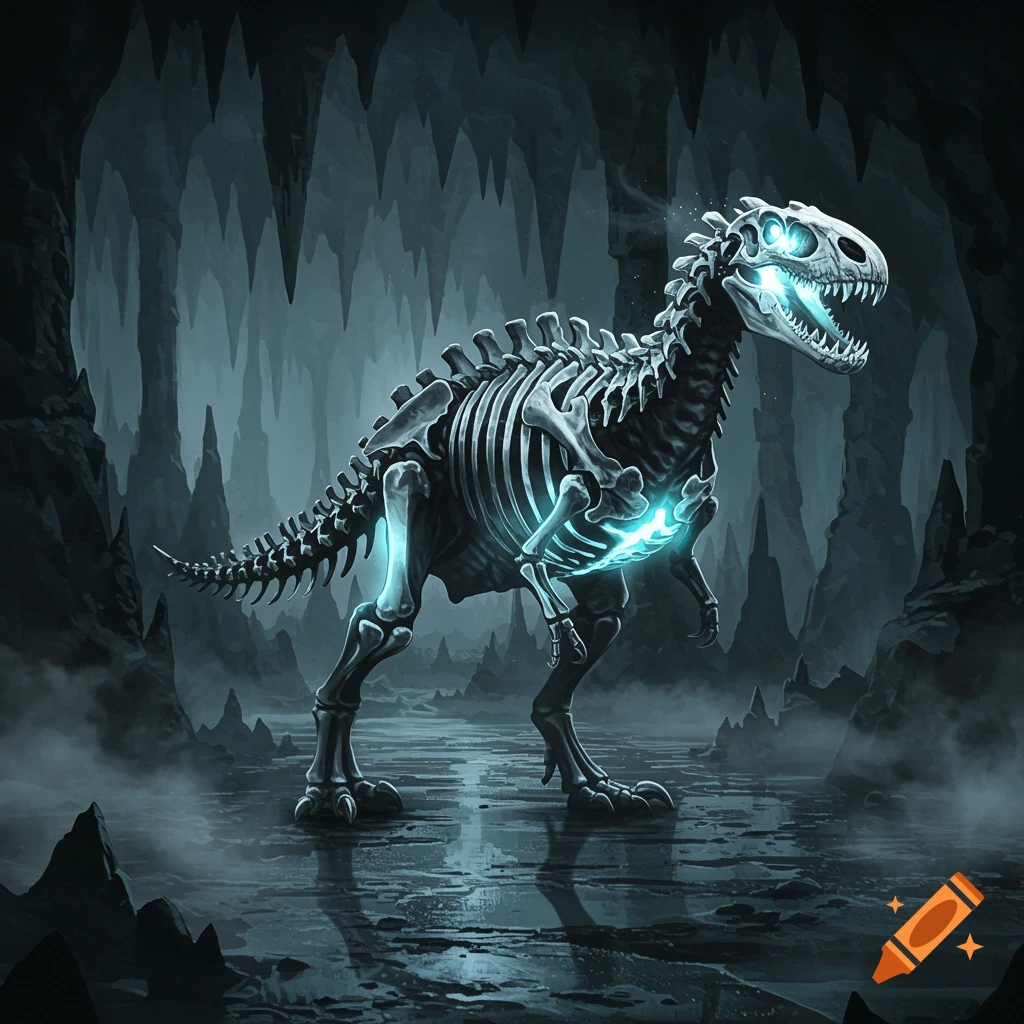 A glowing skeletal dinosaur stands in a dark, misty cave with stalactites hanging from the ceiling.