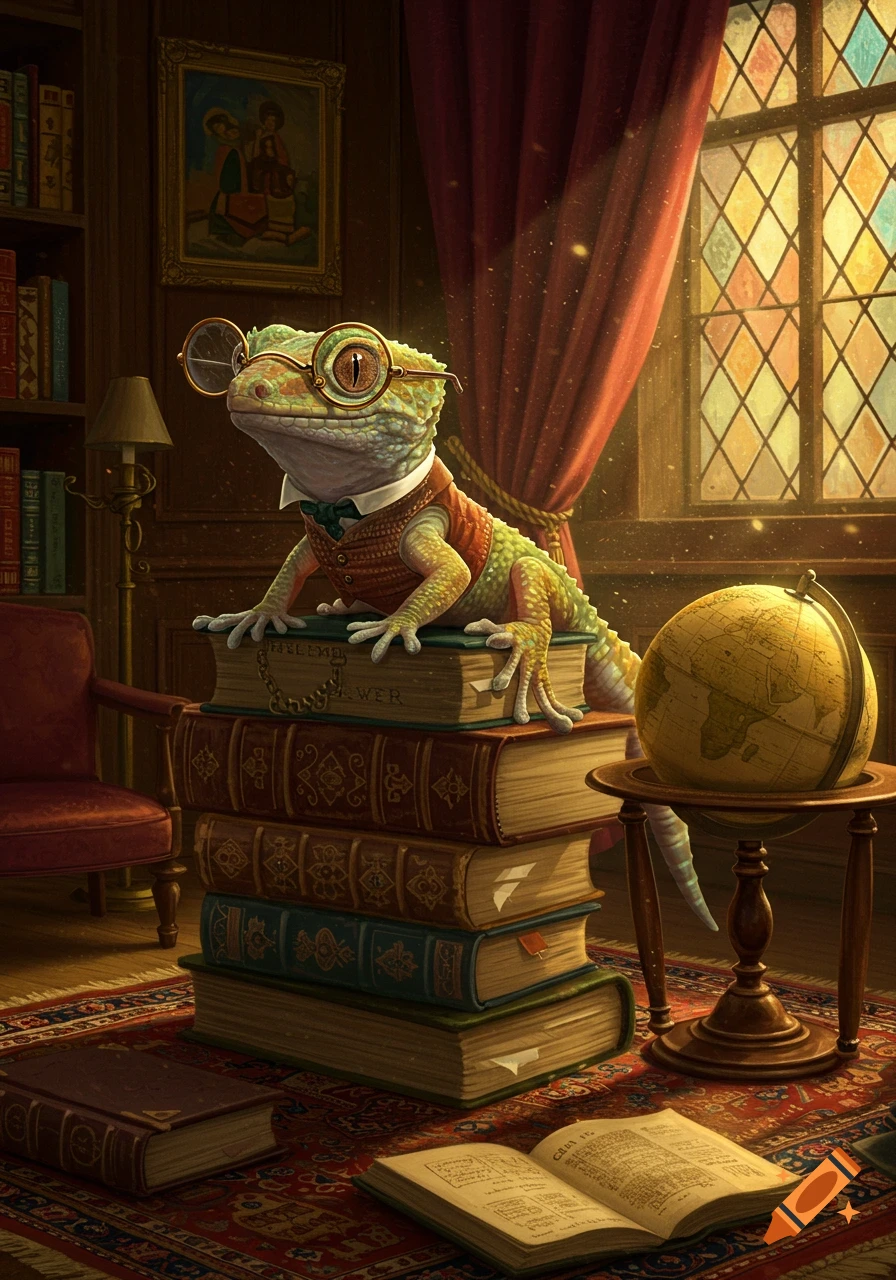 A gecko wearing a waistcoat and glasses sits atop a stack of old books in a cozy library with a globe and a stained glass window.