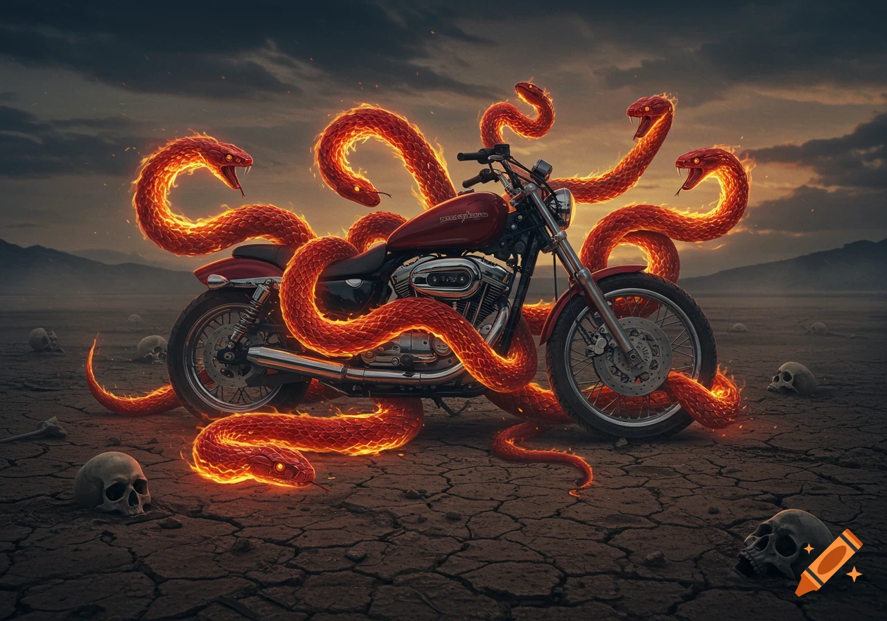 A red motorcycle is entangled by glowing fiery red snakes on cracked ground, surrounded by human skulls under a dramatic sky.