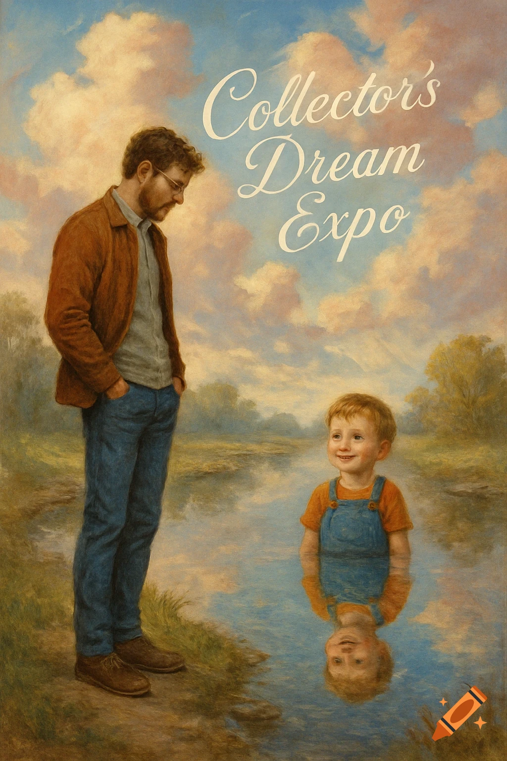 Painterly scene of a man looking at a child reflection in water, with text "Collector's Dream Expo" in the sky.