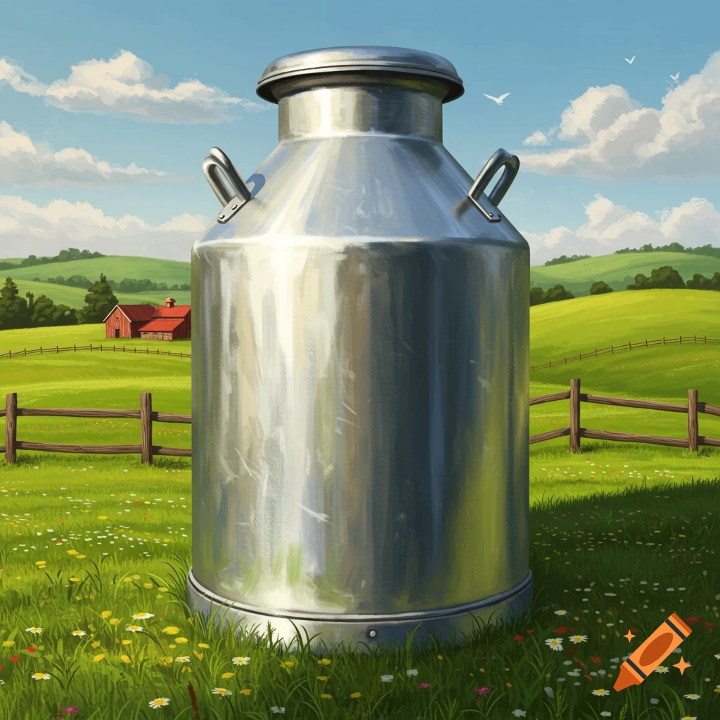 A tall, silver milk tank in a sunny green field with a red barn and blue sky in the background.