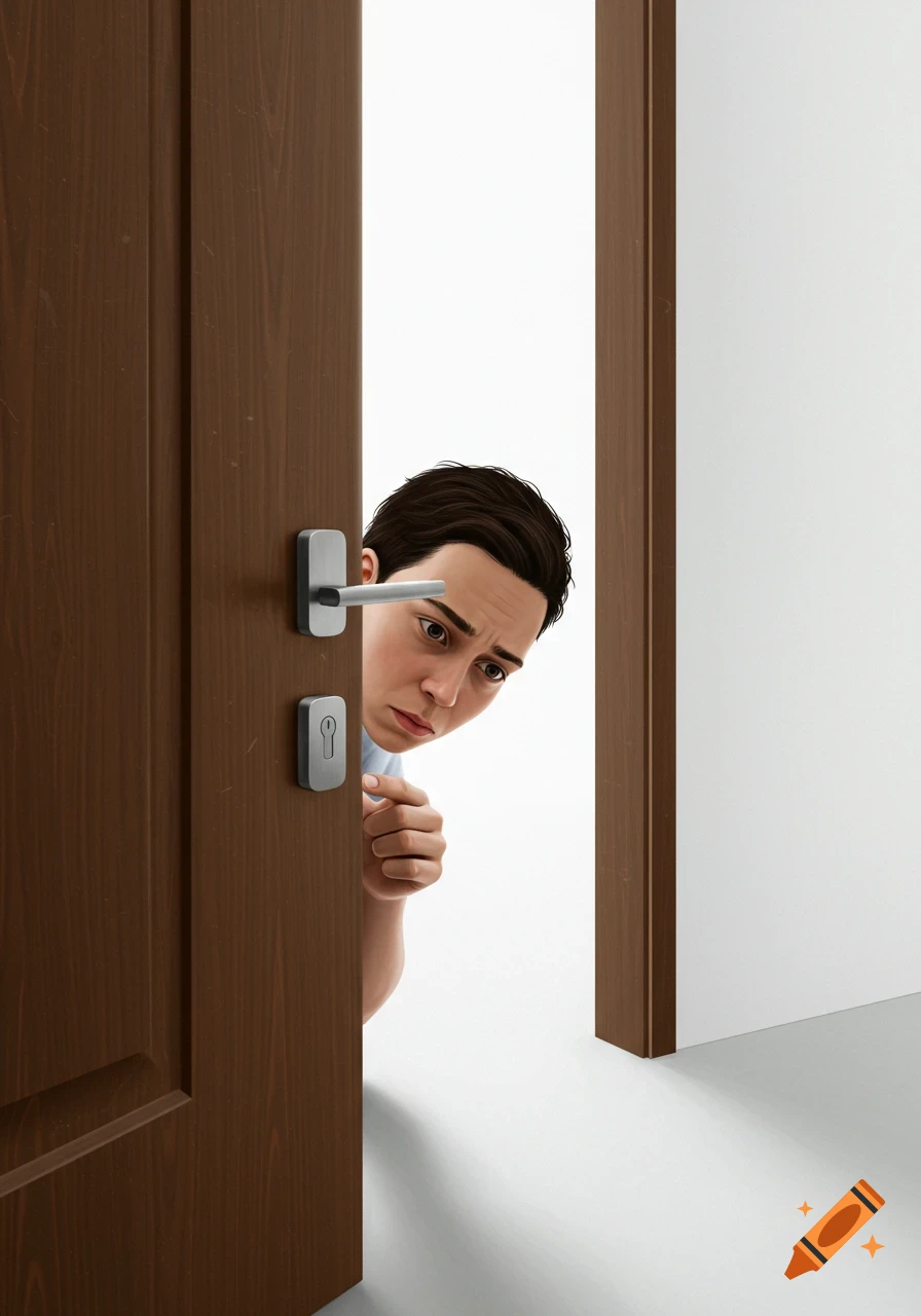 A young man peeking cautiously from behind a slightly open brown wooden door, against a plain white background.
