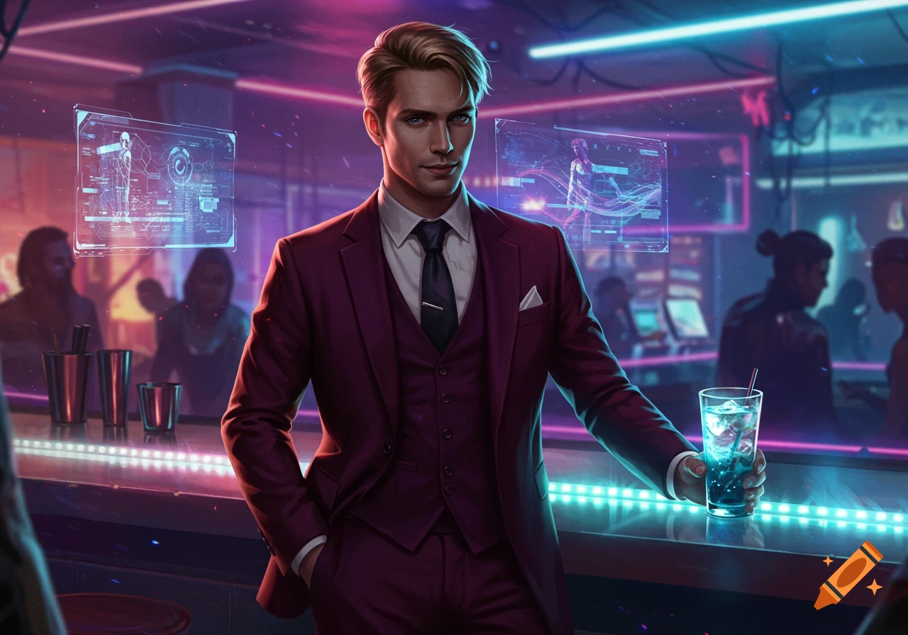 A stylish man in a dark red suit at a cyberpunk bar, holding a drink with holographic screens in the background. Digital art.