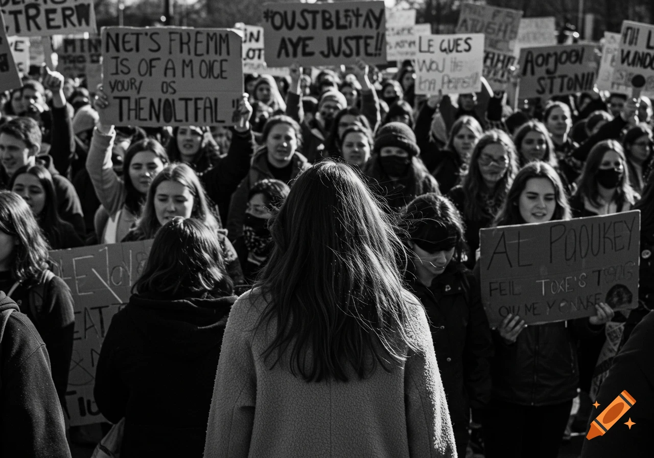 A black and white photorealistic image from behind a young woman with long dark hair, facing a large crowd of protestors holding signs.