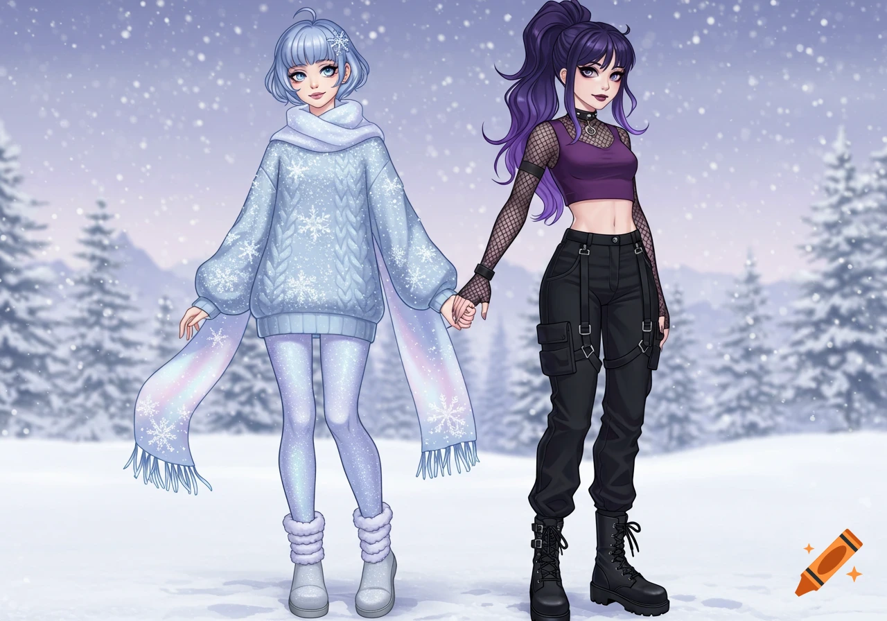 Two anime girls, one in a blue snowflake sweater and the other in a purple crop top and black cargo pants, hold hands in a snowy landscape.