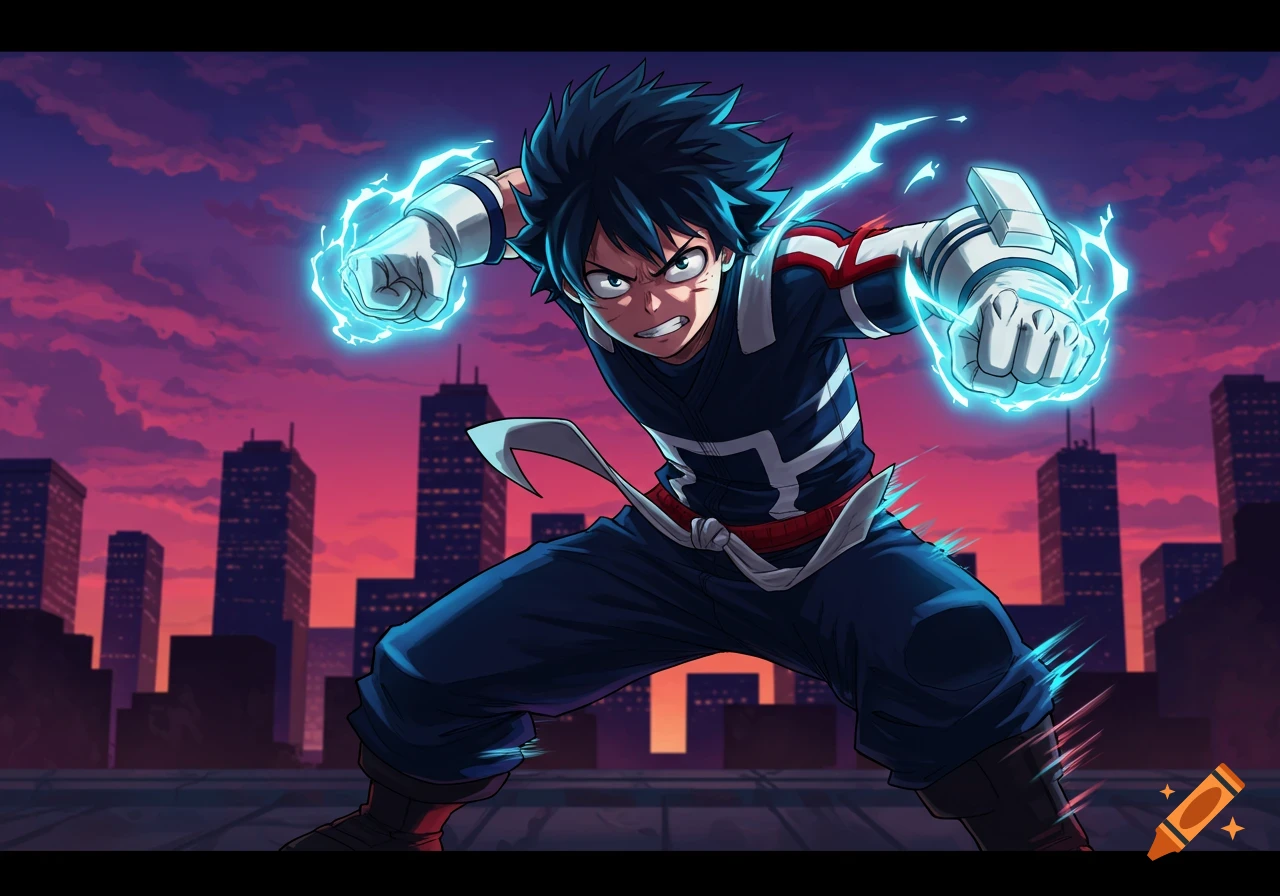 An anime character, Midoriya Izuku, in a fighting stance with glowing blue fists against a purple and orange city skyline at sunset.