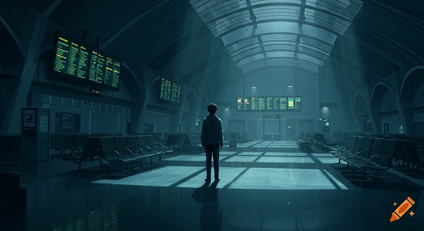 A young man stands alone in a dark, empty airport terminal under cinematic lighting.