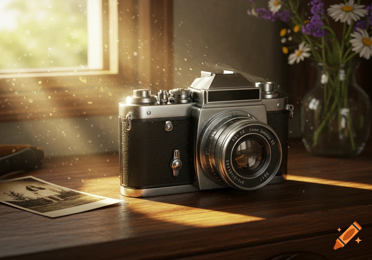 A vintage camera sits on a wooden table, bathed in sunlight streaming through a window, with a small photograph and a vase of flowers nearby.