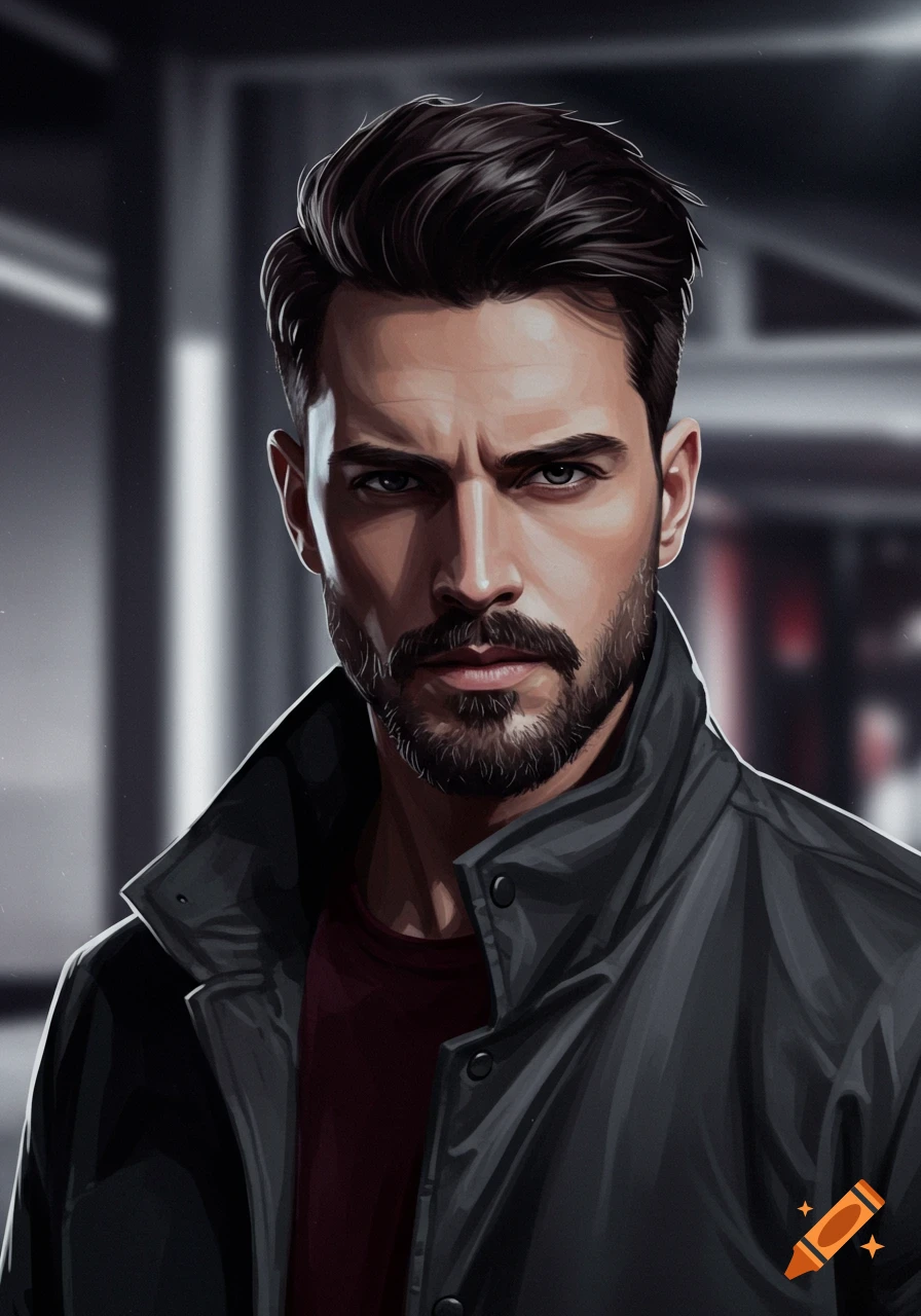 Digital art portrait of a serious man with dark short hair and a beard, wearing a dark jacket and red shirt.