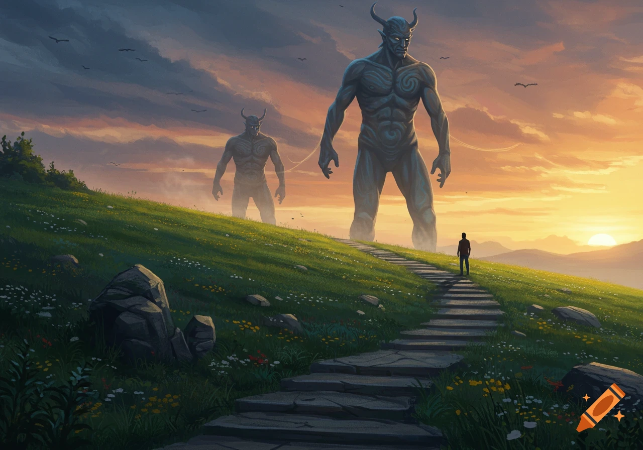 A digital painting of a man walking up a stone path on a green hill towards two colossal, horned, blue-grey figures under a sunset sky.