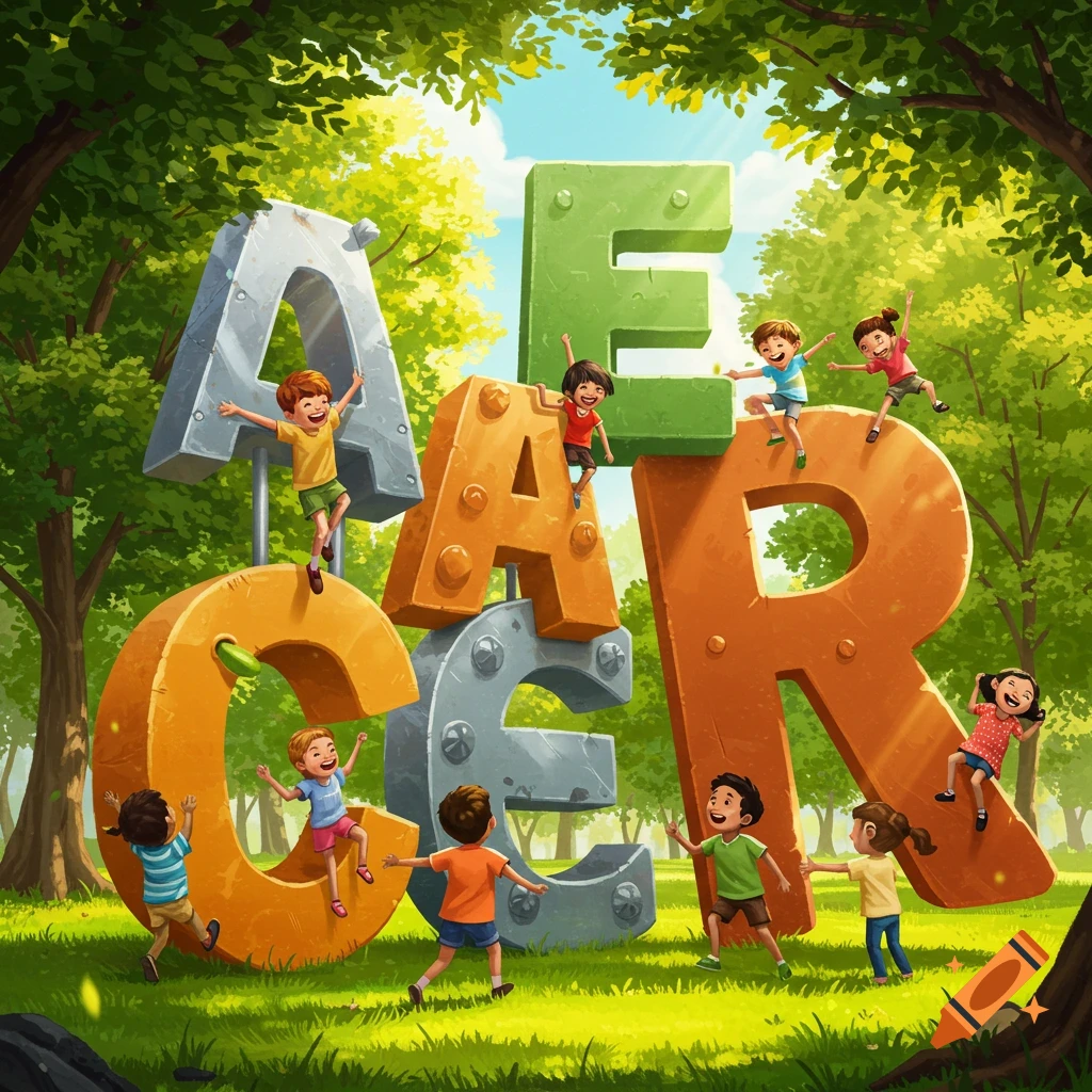 Cartoon children play and climb on large, colorful 3D letters spelling AECAR in a vibrant green park.