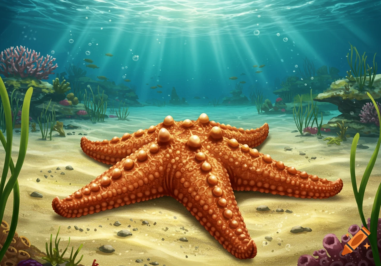 A large orange starfish rests on the sandy ocean floor under sunlight, surrounded by coral and marine plants in clear blue water.