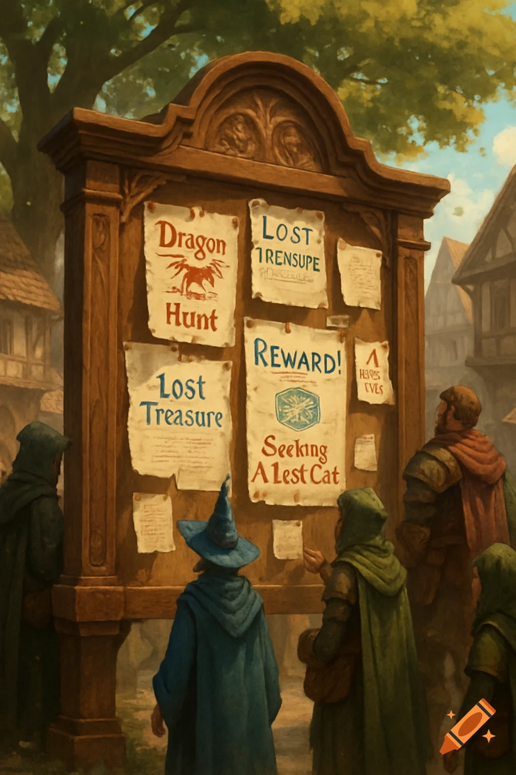 A large wooden bulletin board covered with quest posters, including 'Dragon Hunt' and 'Lost Treasure,' stands in a village square as cloaked figures and a wizard read them. Painted in an illustrative style.