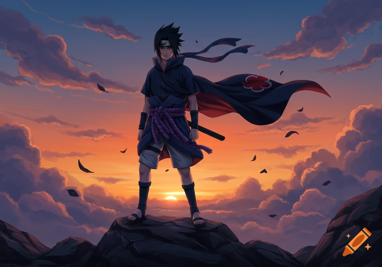 Sasuke Uchiha stands on a rock cliff at sunset, his cape flowing in the wind. Anime style.