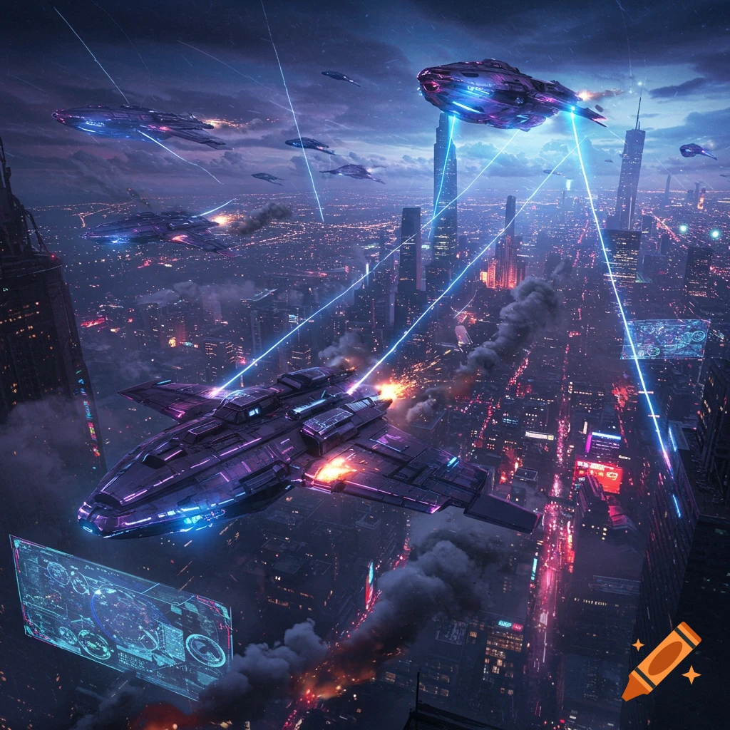 A futuristic cityscape at night with glowing purple and blue spaceships firing lasers during a battle.