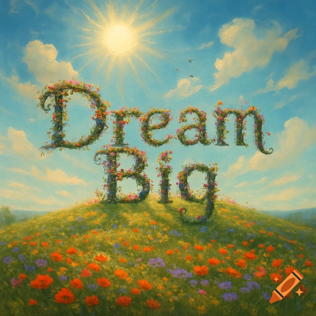 Floral letters spelling 'Dream Big' on a green hill with red and purple wildflowers under a bright sunny sky.