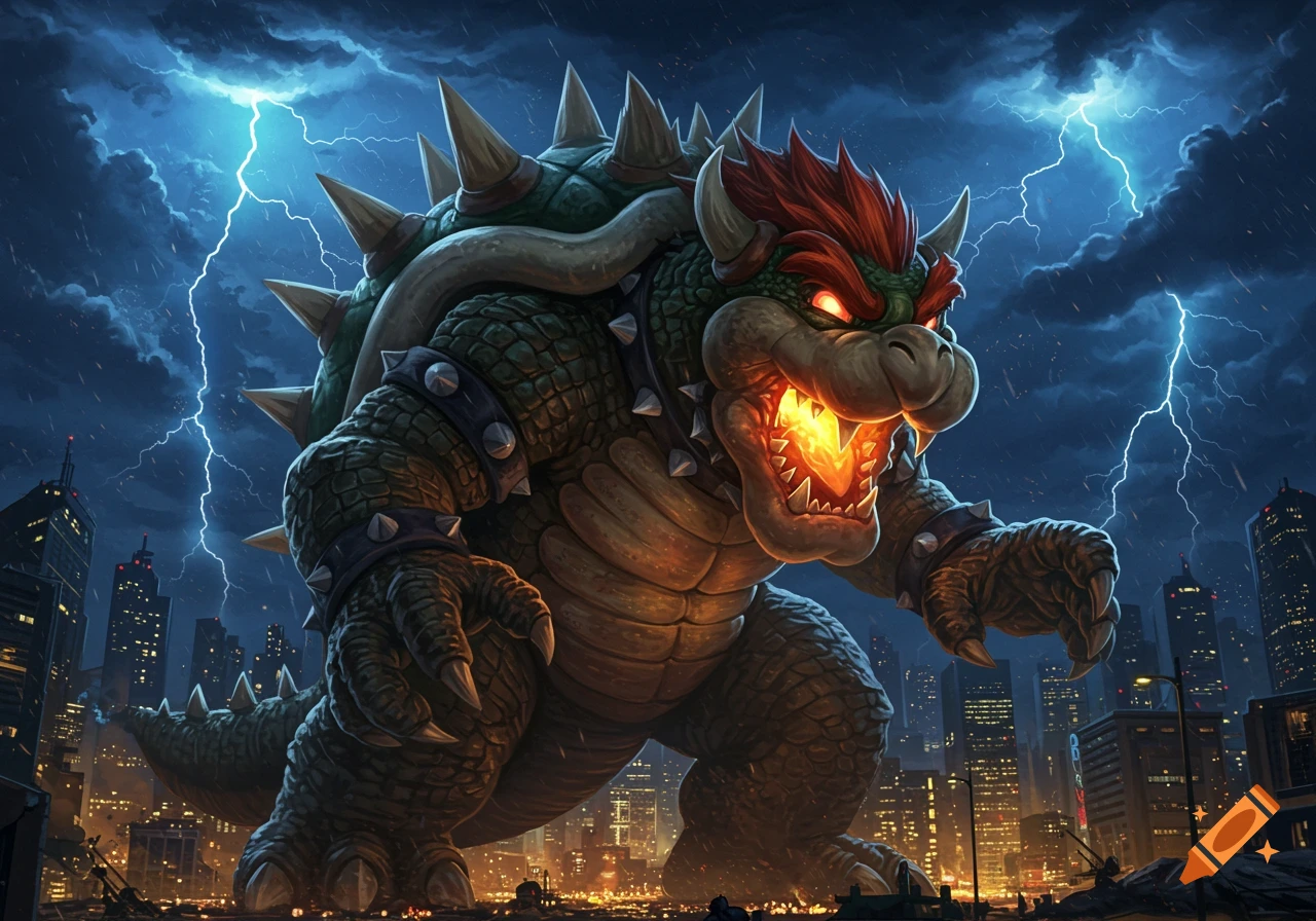 A massive, angry Bowser, reimagined as Godzilla, roars with fire in his mouth, towering over a city skyline at night under a stormy sky with lightning.