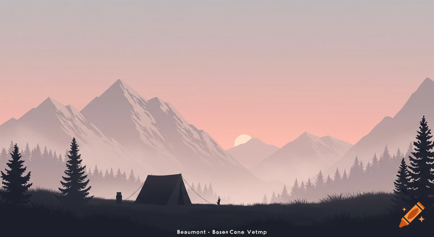 Minimalist illustration of a tent in a mountain landscape with trees and a sunset.