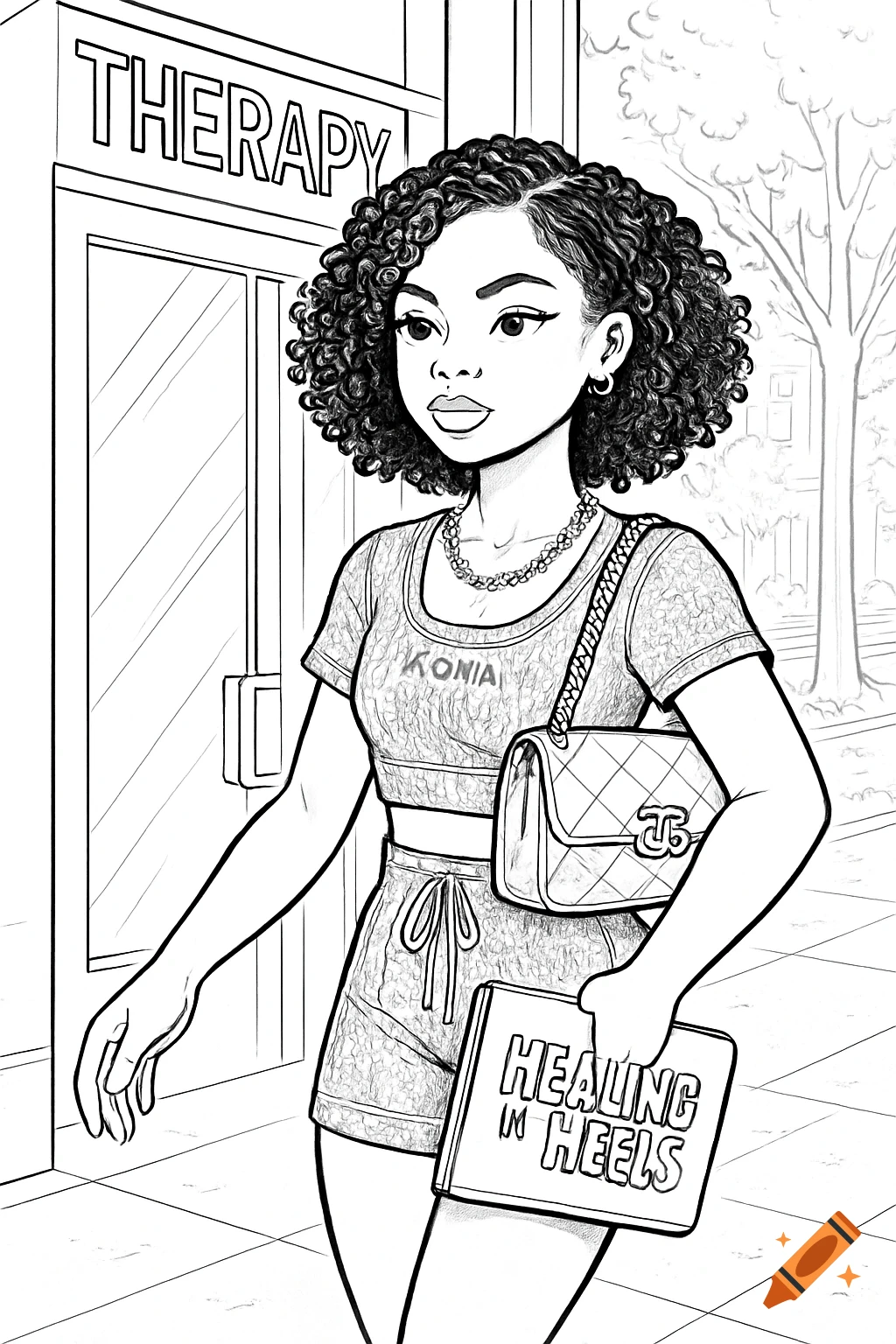 A Black woman with curly hair walks out of a building labeled "THERAPY", carrying a quilted bag and a journal that says "HEALING IN HEELS", in a coloring book style.