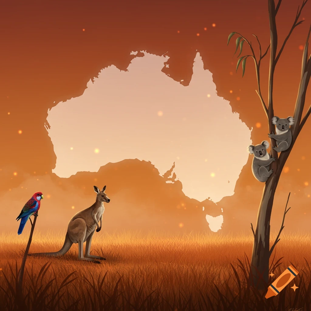 Stylized illustration of Australian animals (kangaroo, koalas, parrot) in an earthy-toned landscape with a map outline of Australia.