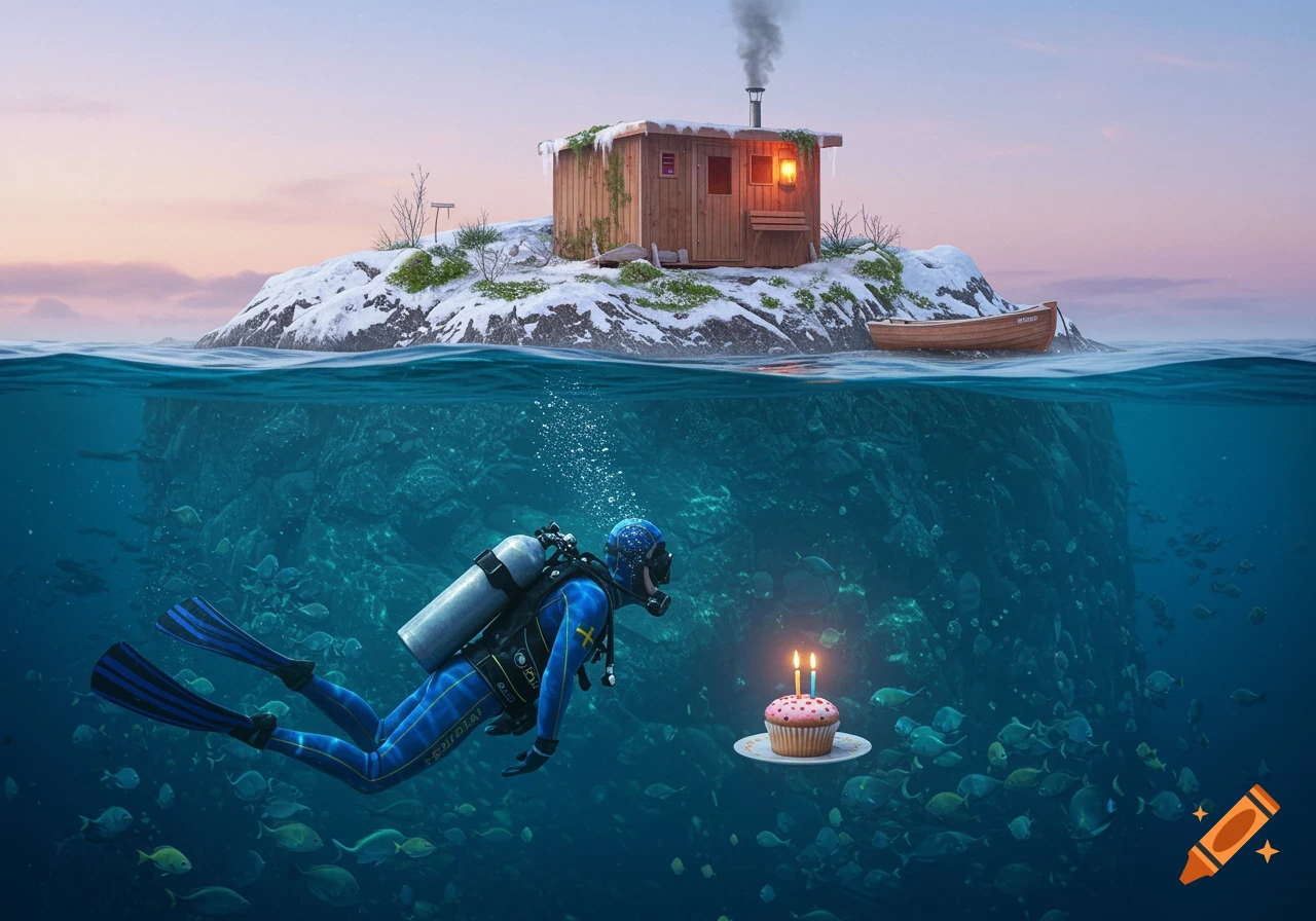 A scuba diver explores the clear blue ocean, looking at a floating birthday cupcake with two lit candles. Above the water, a small, snow-covered island features a cozy sauna with smoke rising from its chimney and a small rowboat docked nearby. The sky is a soft sunset pink and blue.