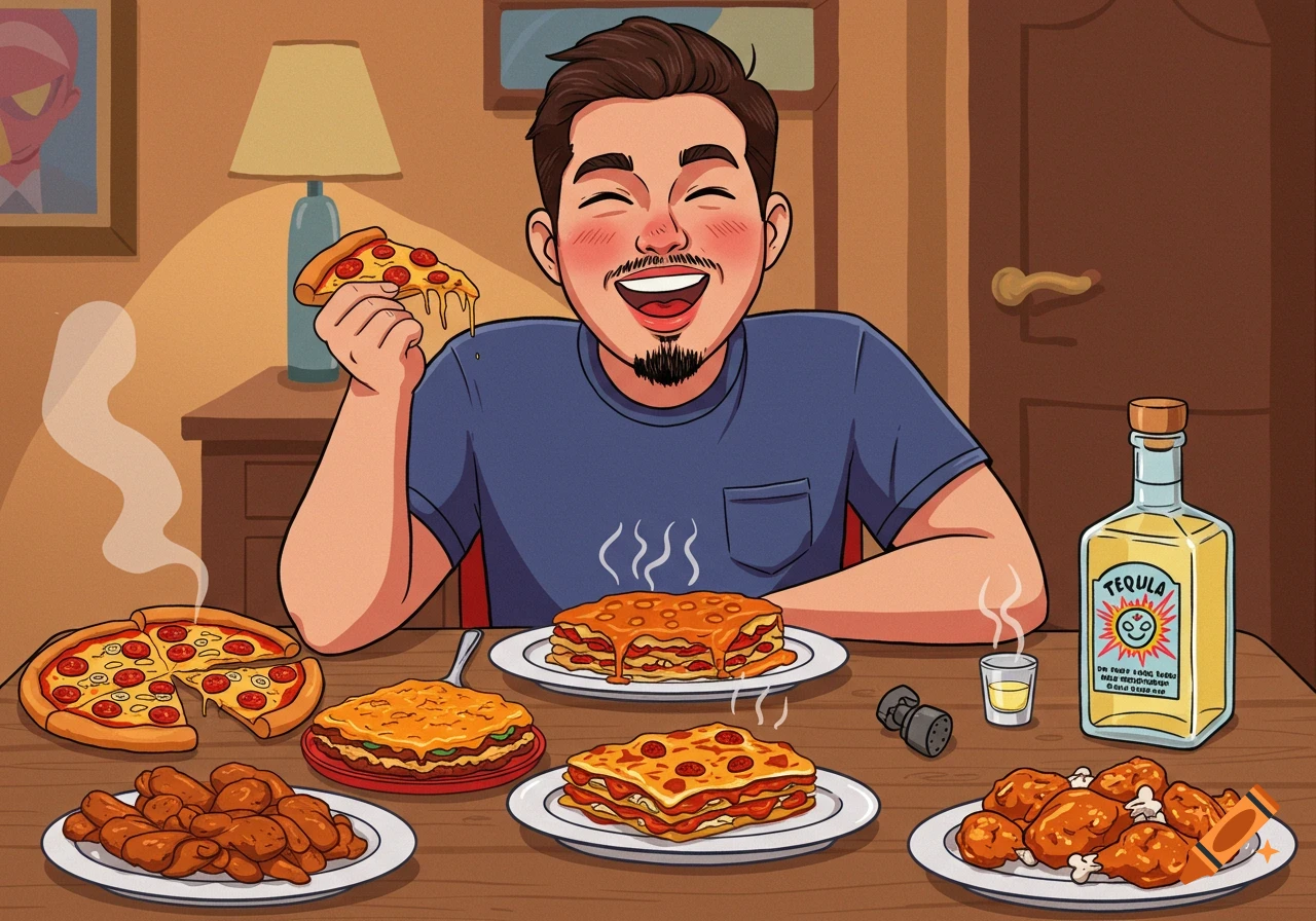 Cartoon of a man smiling and happily eating pizza and lasagna at a table filled with food and a tequila bottle.