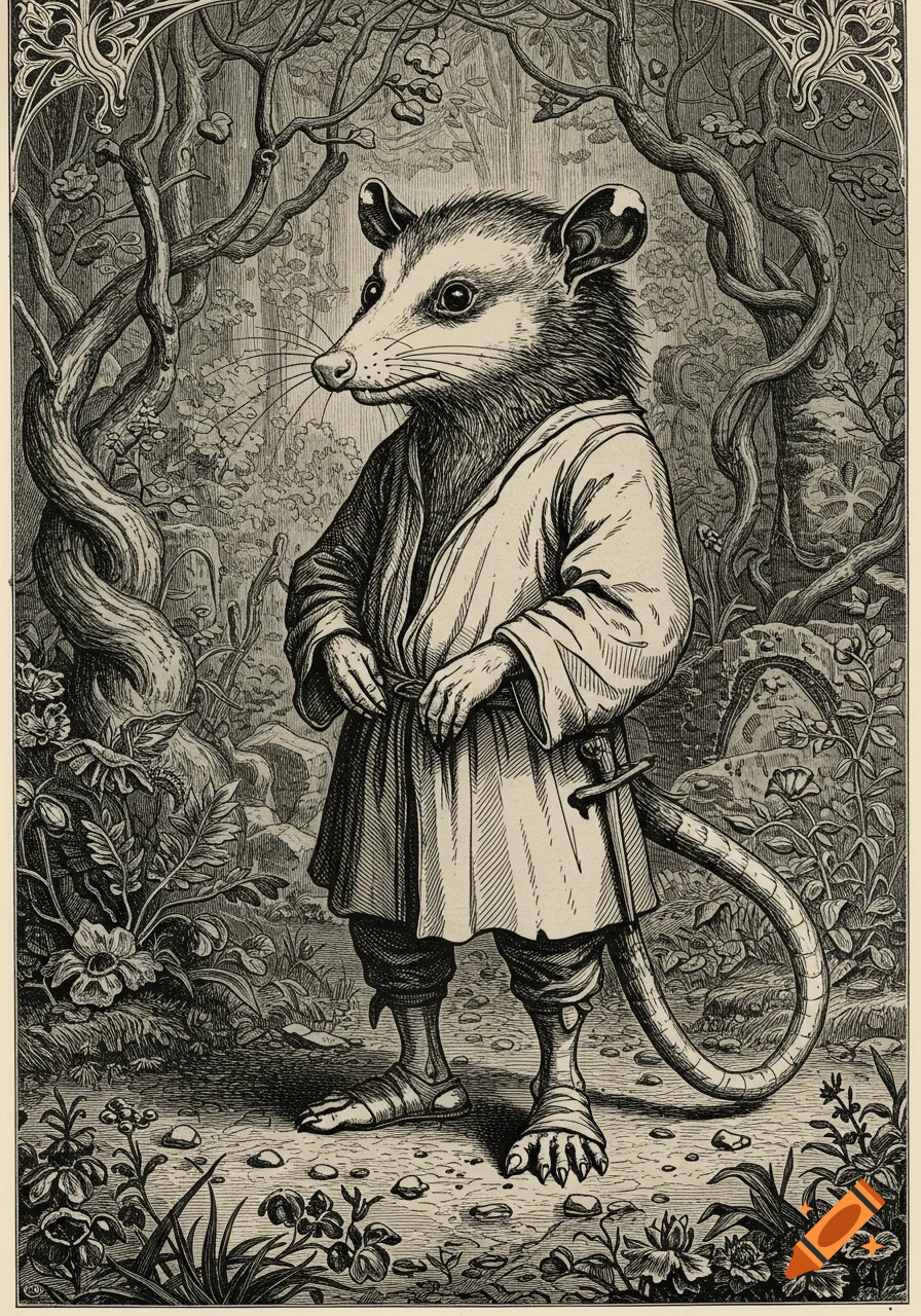 Black and white line drawing of an anthropomorphic possum creature in robes and sandals, standing in a forest.