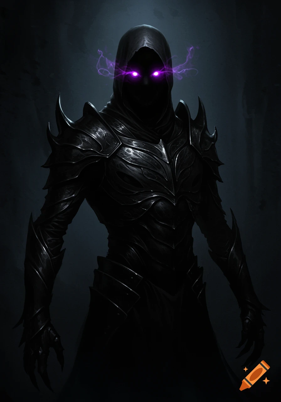 A dark, hooded figure in black, spiky armor stands, its face obscured by shadow, with glowing purple eyes emitting tendrils of energy.
