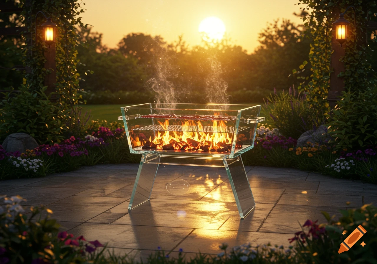 A photorealistic glass barbecue with food grilling, glowing coals, and smoke on a patio at sunset in a lush garden.