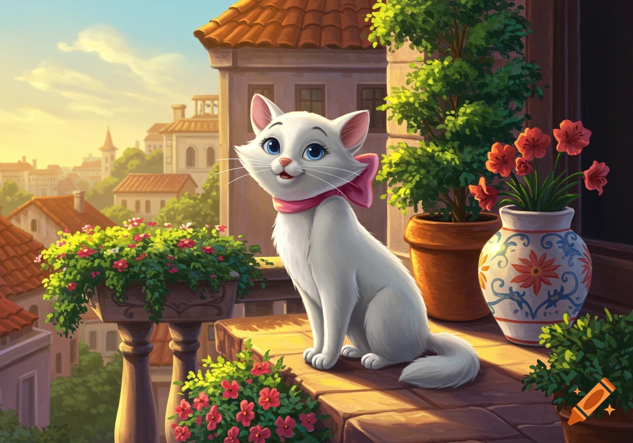 White cartoon cat with blue eyes and a pink bow sitting on a balcony with flowers, overlooking a town, in a bright cartoon style.