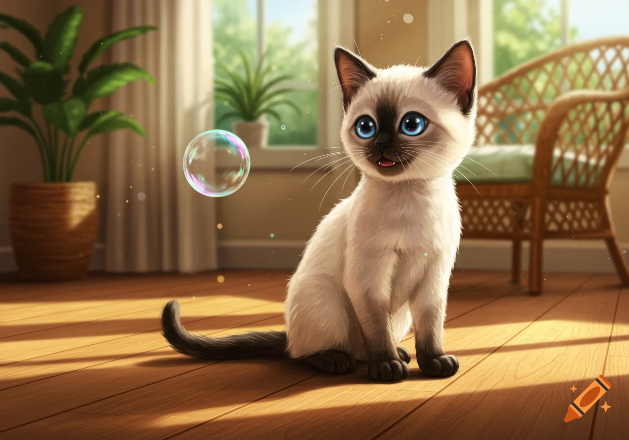 A cute cartoon Siamese kitten with big blue eyes sits on a sunlit wooden floor, looking at a floating bubble in an indoor setting.