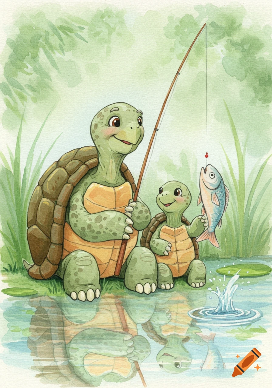 Whimsical watercolor illustration of a grandpa turtle and baby turtle fishing by a pond, holding a fishing rod and a fish.