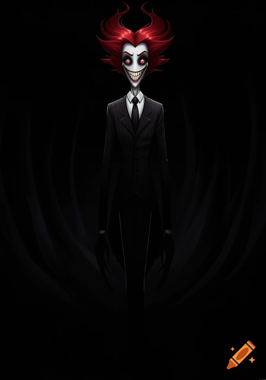 A sinister, pale-faced, red-haired creature in a black suit with a wide, sharp-toothed grin stands in a dark void.