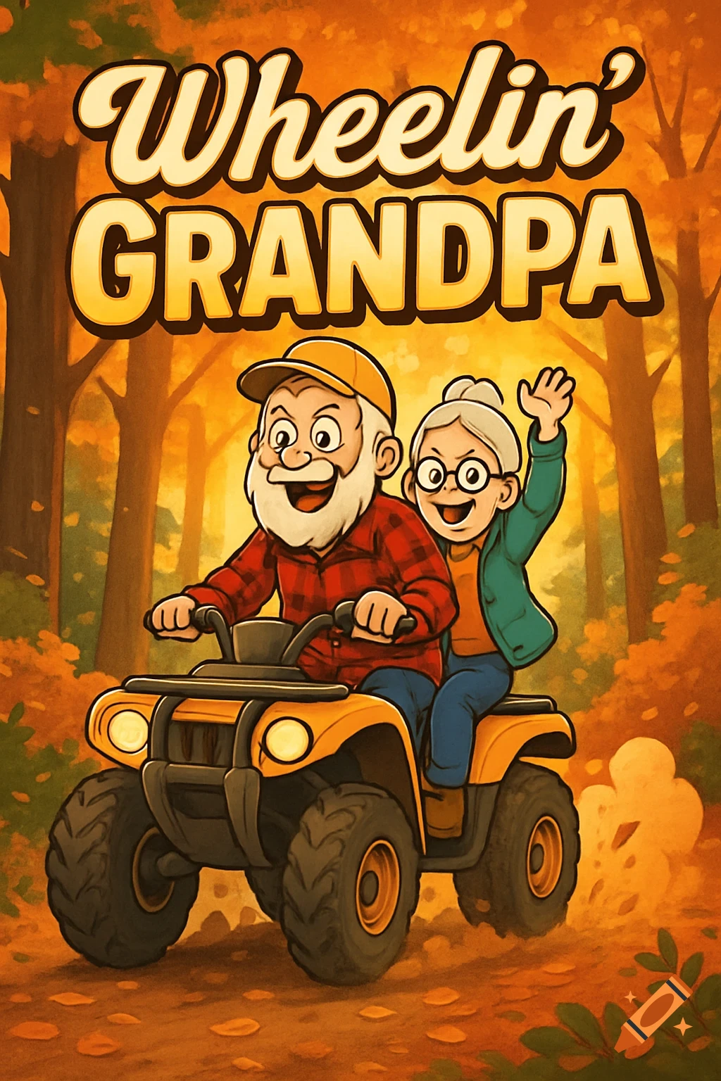 Cartoon of an elderly man and woman riding an ATV through a fall forest with 'Wheelin' GRANDPA' text.