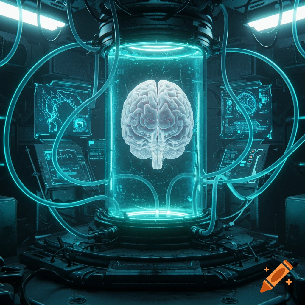 A human brain floats in a glowing glass container in a dark, futuristic sci-fi lab with tubes and illuminated screens.