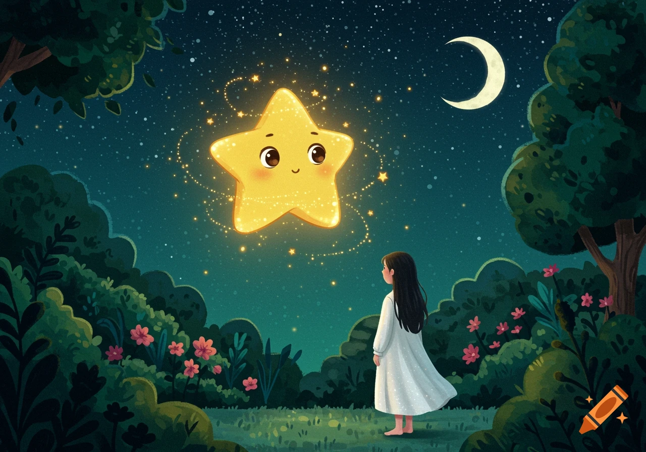 A young girl in a white nightgown looks up at a glowing, smiling star in a magical night garden with trees, flowers, and a crescent moon.