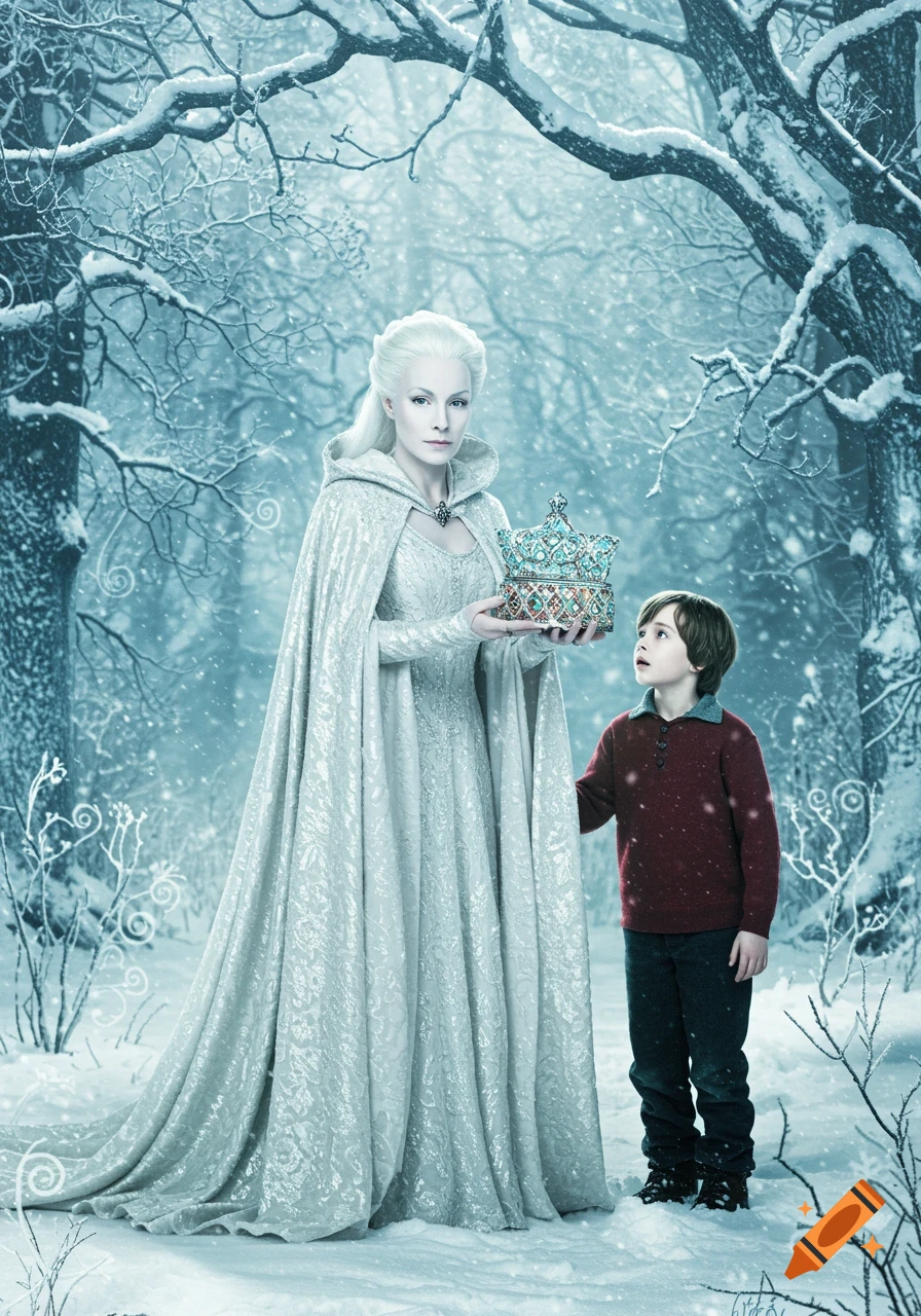 The White Witch, with long white hair and a silver cloak, holds an ornate turquoise and silver crown while standing in a snowy forest with a young boy looking up at her.