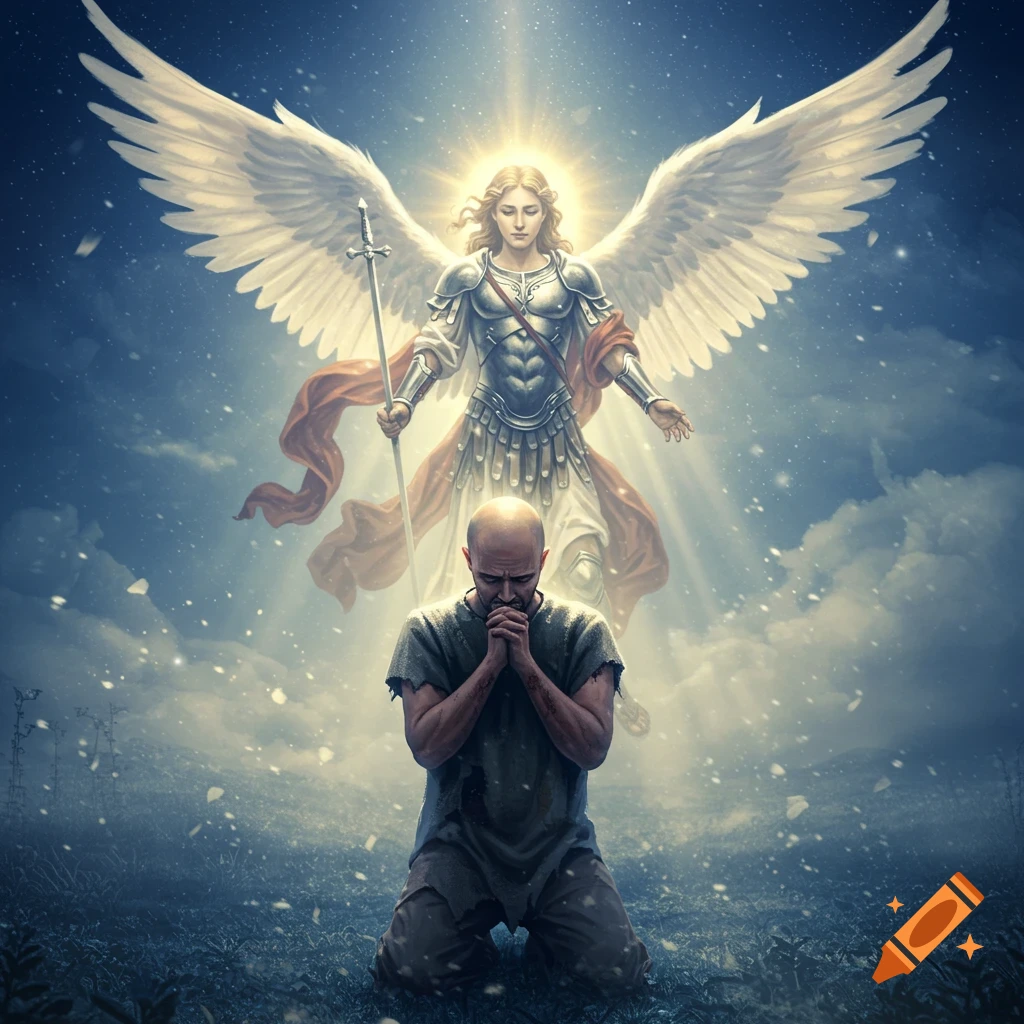 A bald man kneels in prayer as a luminous angel with large wings and armor stands behind him, a spiritual and cinematic scene.