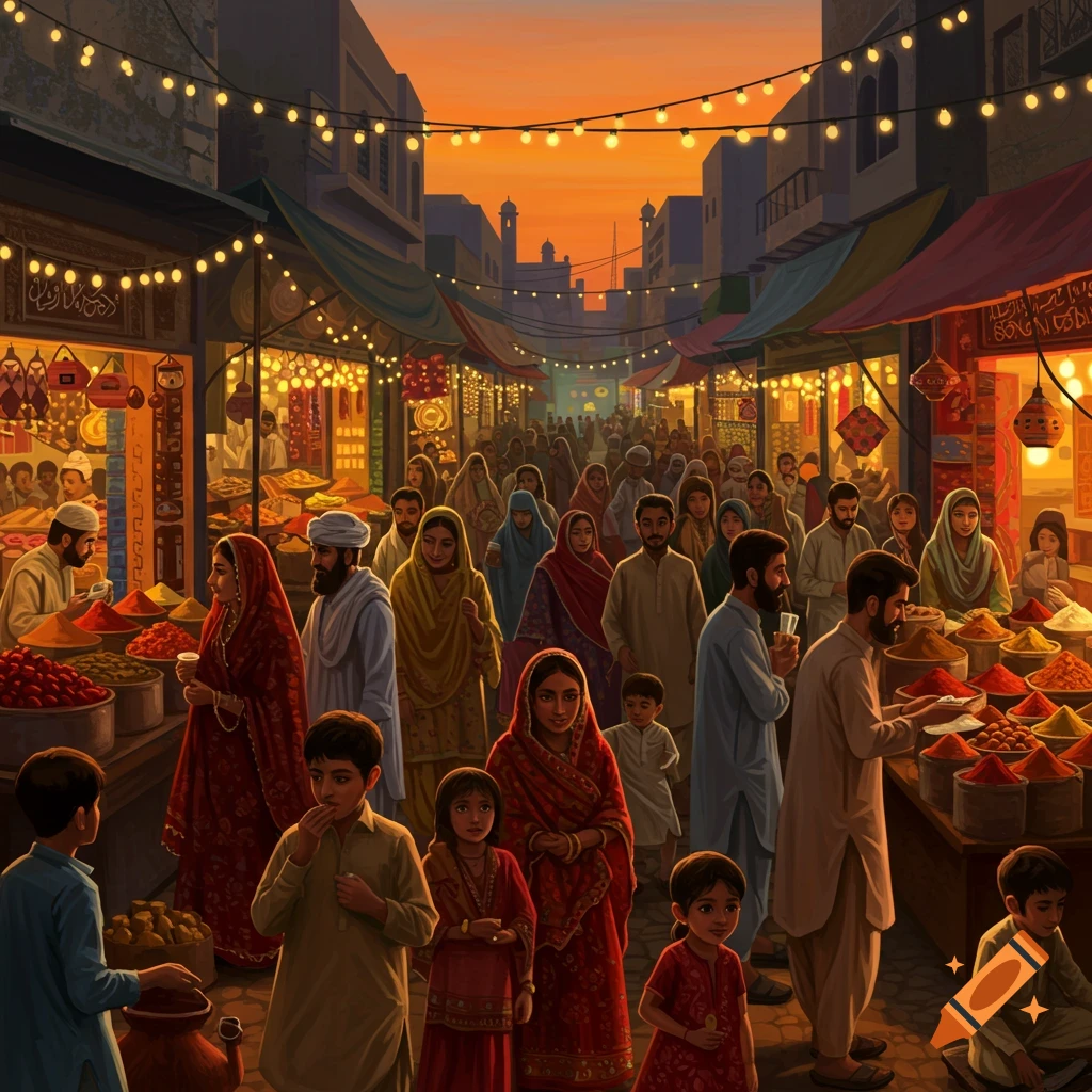 An illustrative painting of a bustling outdoor market at sunset, with a large crowd of people, vibrant spice stalls, and string lights overhead.