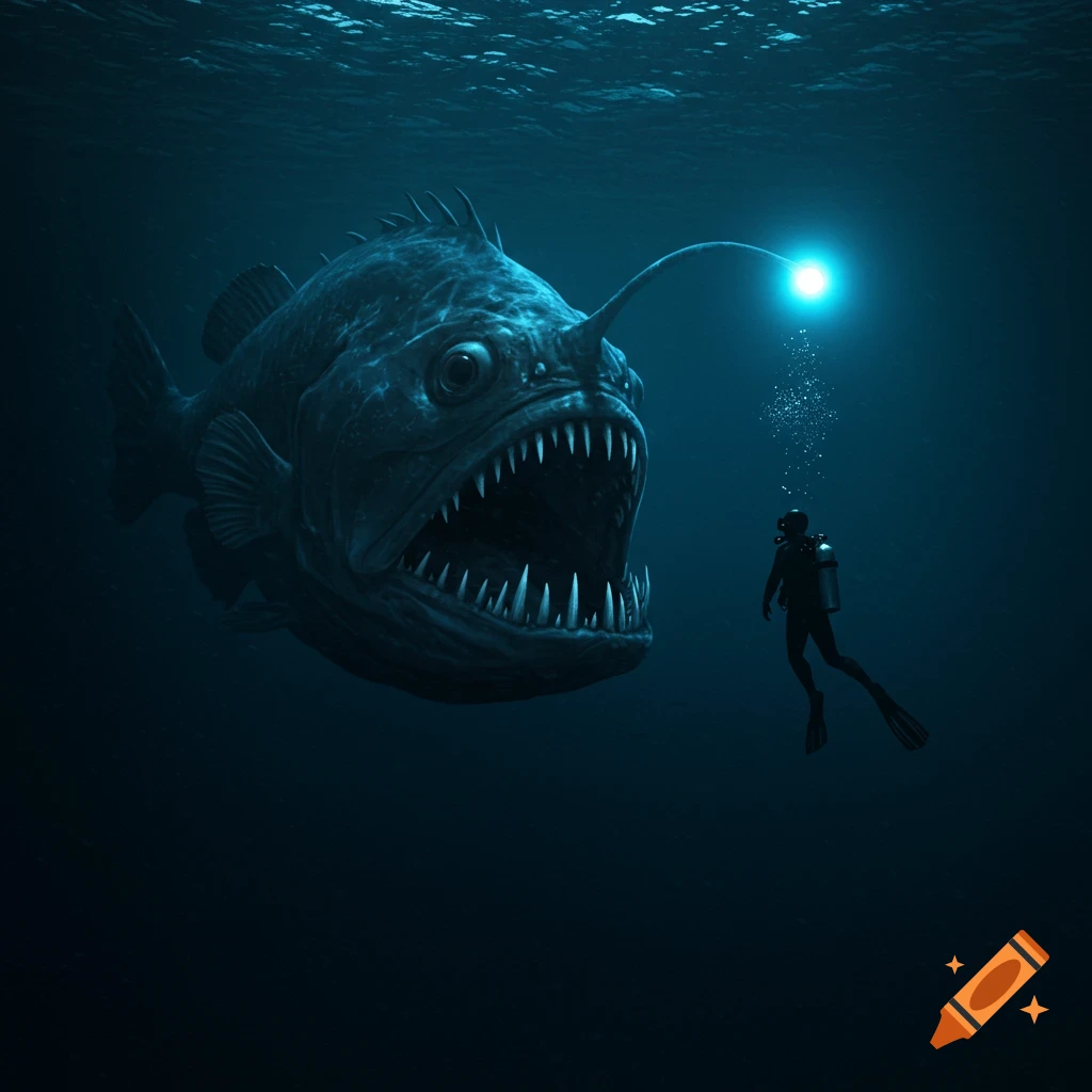 A lone diver faces a gigantic, monstrous anglerfish with its mouth open, glowing lure illuminating the dark, deep ocean. The scene evokes dread.