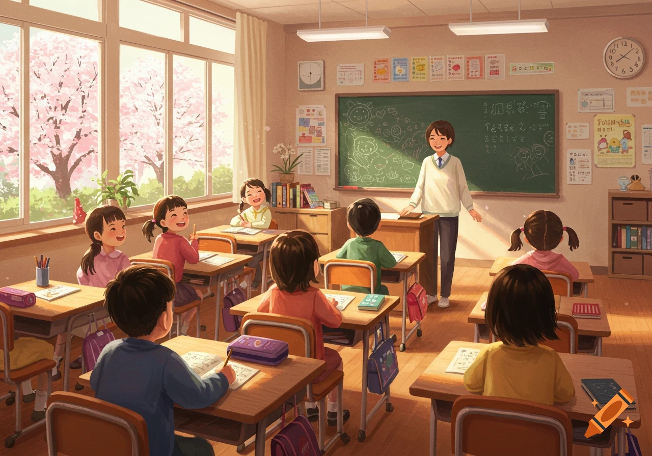 A bright, cheerful illustration of a classroom with smiling children and a teacher, sunlight streaming through large windows showing cherry blossom trees.