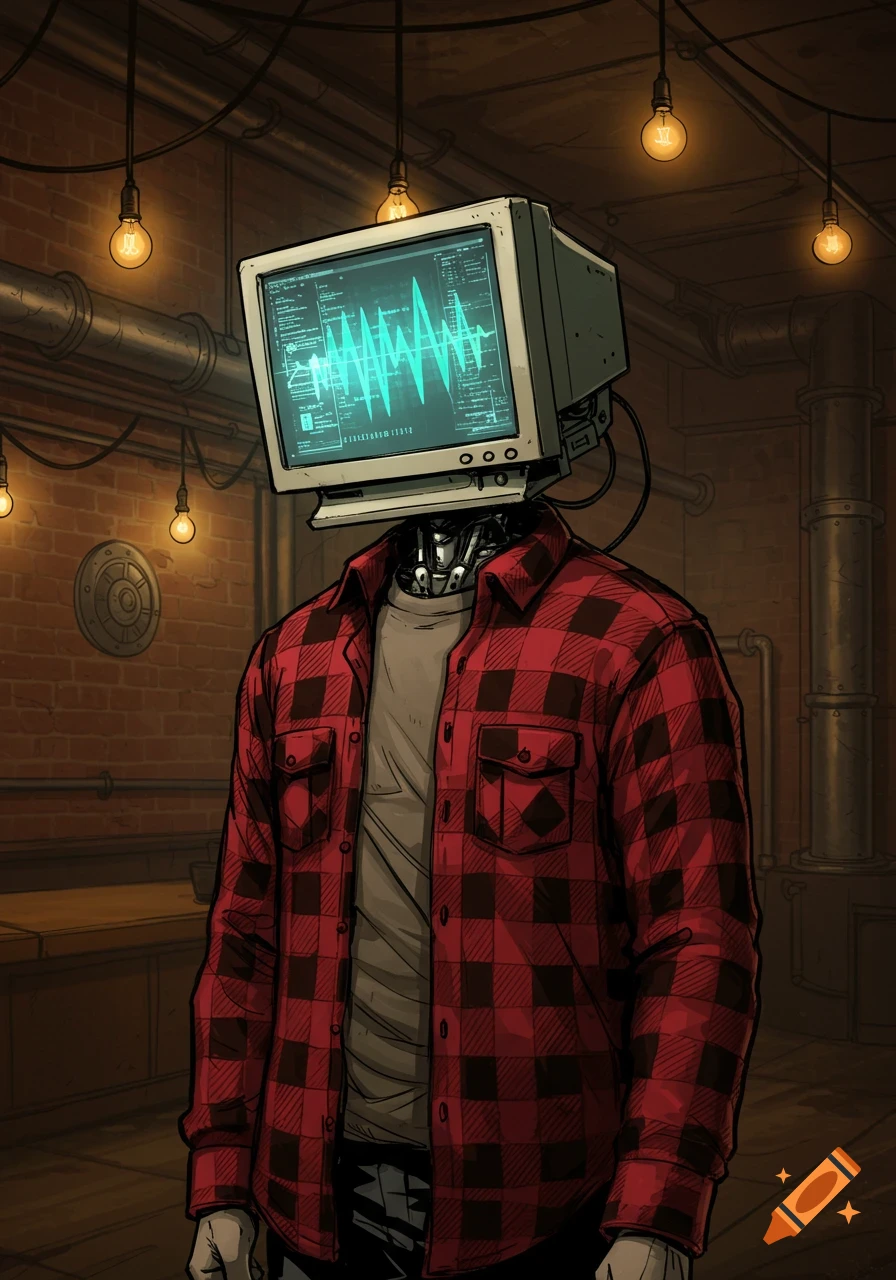 A character with a vintage computer monitor head, robotic neck, and a human body wearing a red flannel shirt, standing in an industrial-style room with exposed pipes and hanging light bulbs. The monitor displays a green waveform.