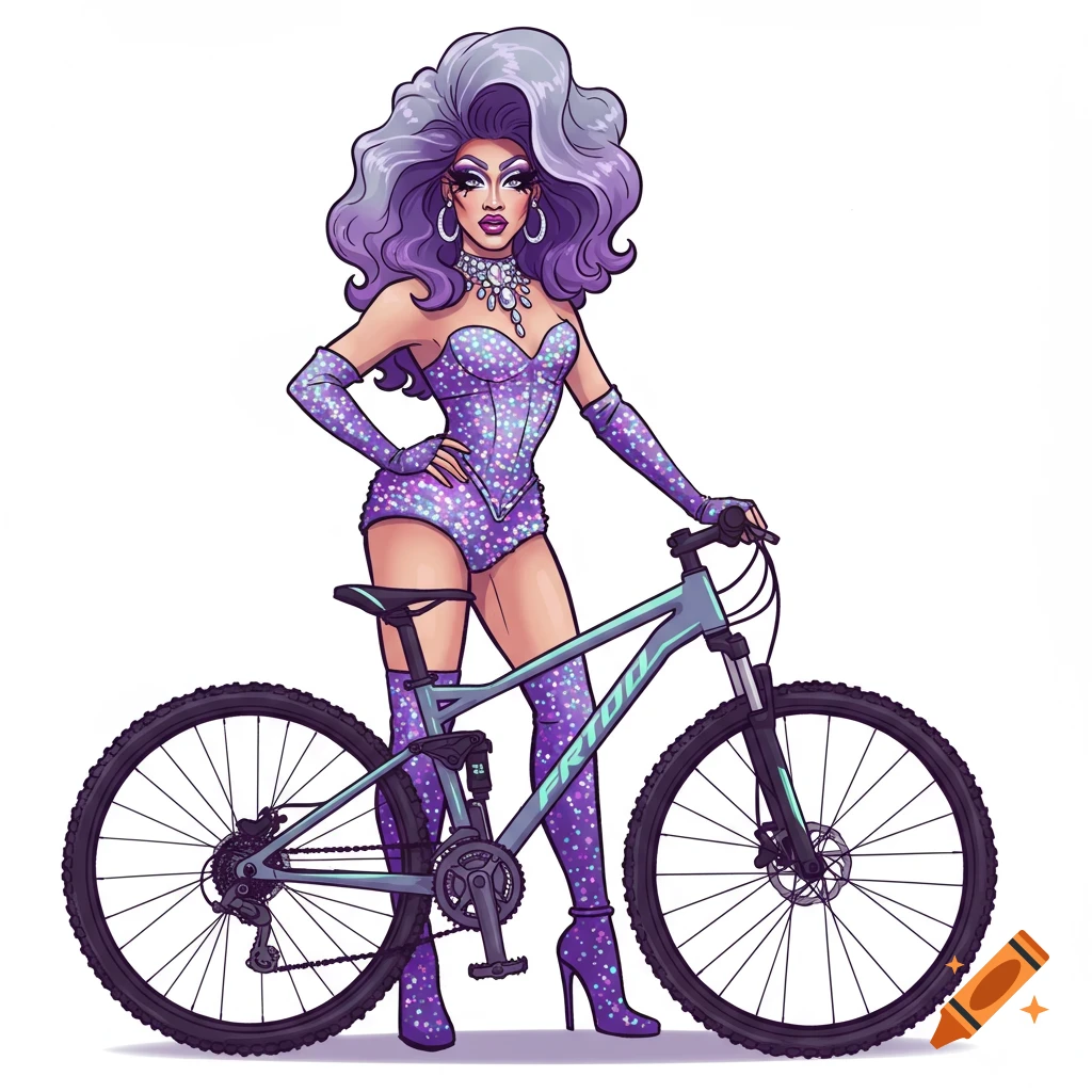 A cartoon drag queen with purple hair and a sparkly purple outfit stands next to a teal mountain bike.