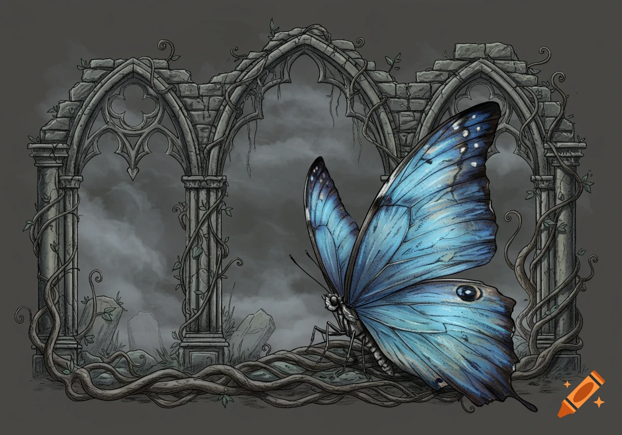 A detailed drawing of a large blue butterfly on tangled roots in front of ruined gothic arches under a cloudy sky.