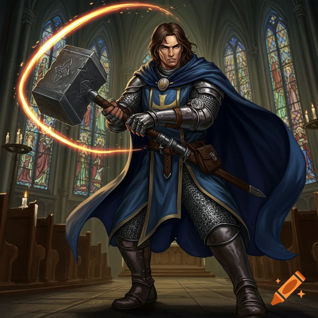A medieval cleric in chainmail and a blue cloak, holding a glowing warhammer inside a church with stained glass windows.