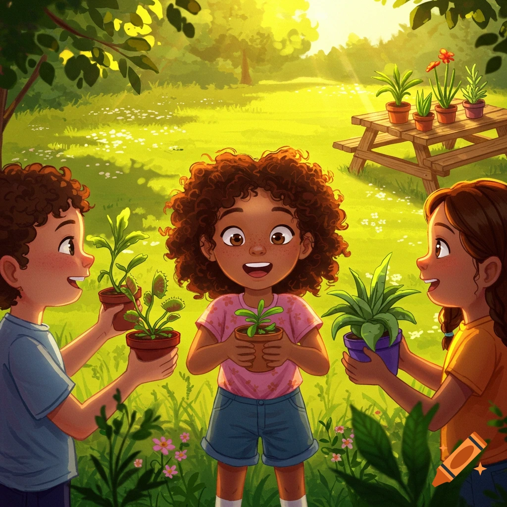 Three happy children in an illustrated sunny garden, holding potted plants.