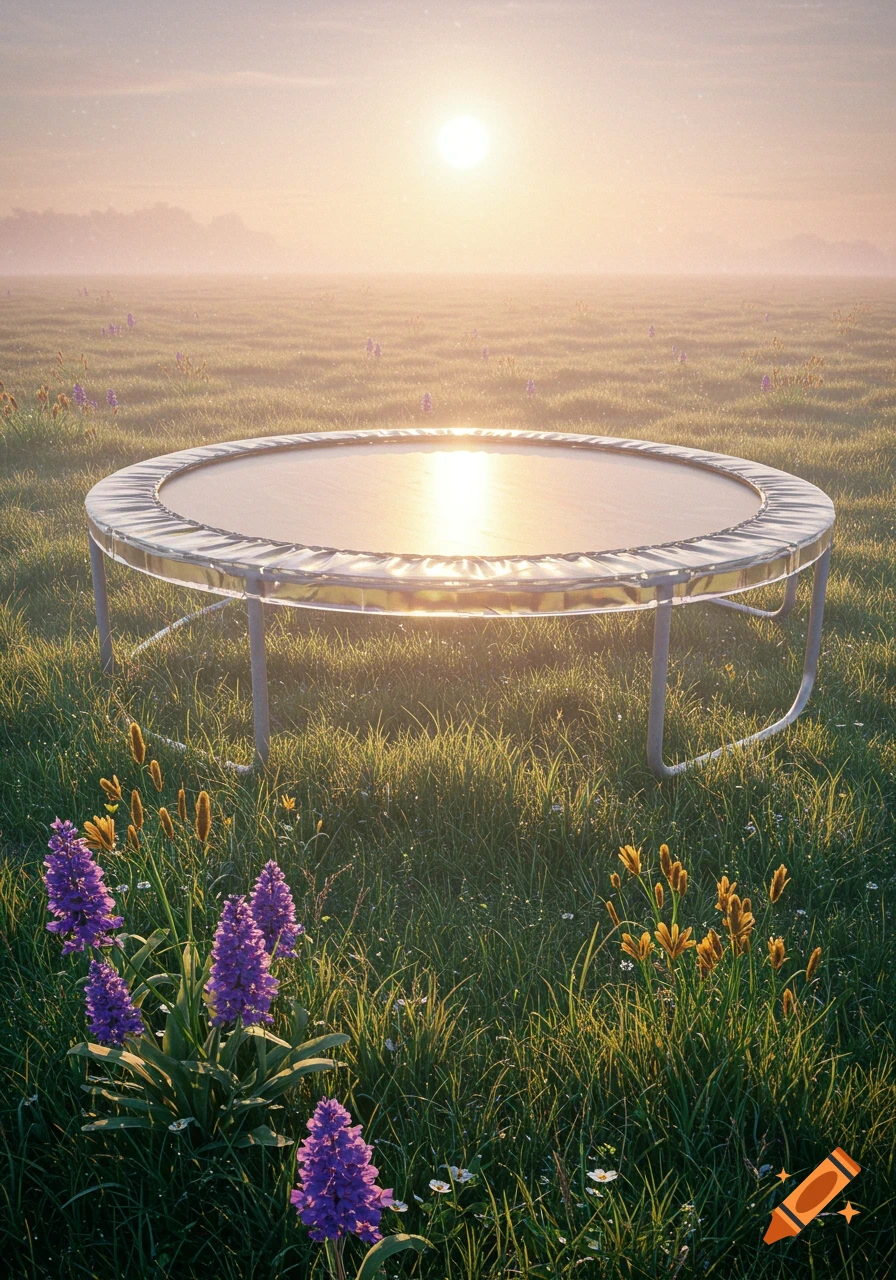 A photorealistic image of a glass trampoline in a grassy field with flowers at sunrise.