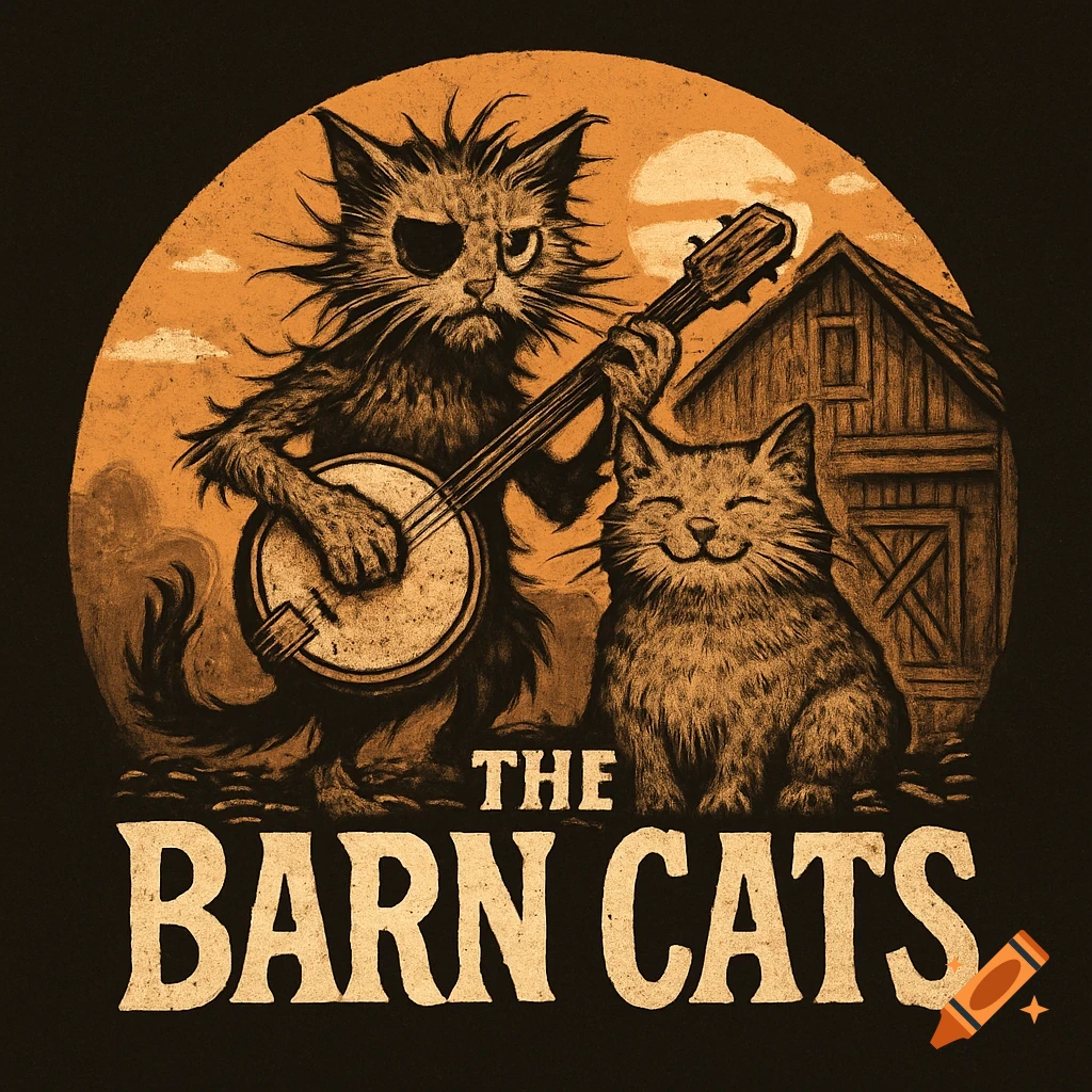A band logo illustration of two cats, one playing a banjo, in front of a barn, with text 'THE BARN CATS'.