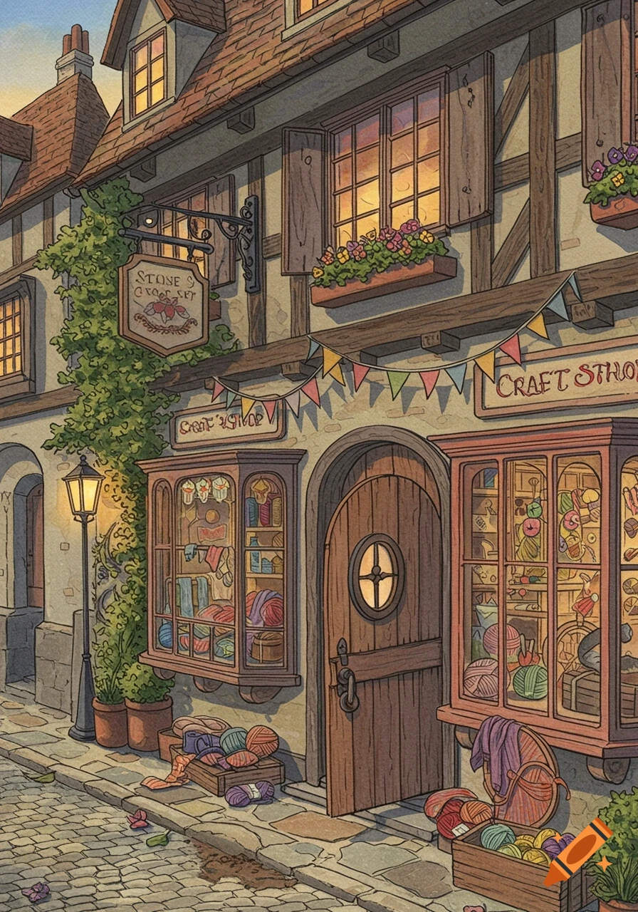 An intricate illustration of a vintage craft shop facade with hanging signs, potted plants, and yarn spilling onto a cobblestone street.