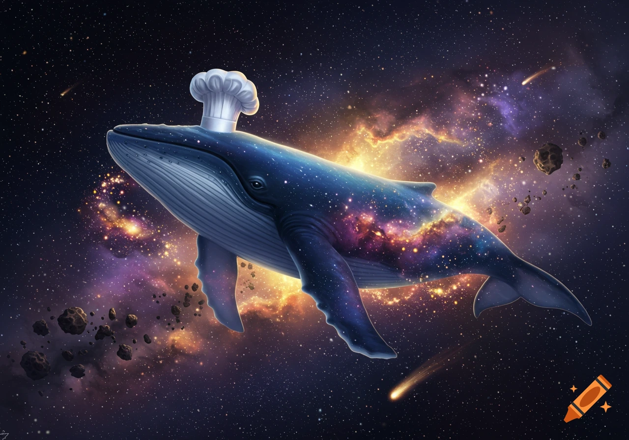 A majestic blue whale wearing a white chef's hat floats through a vibrant cosmic space filled with stars, nebulae, and asteroids.